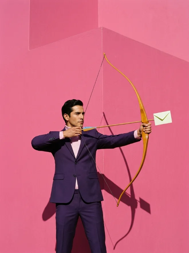 Hombre de traje tensando un arco con un sobre como flecha frente a un muro rosa