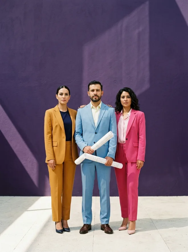 Tres profesionales de traje frente a un muro morado